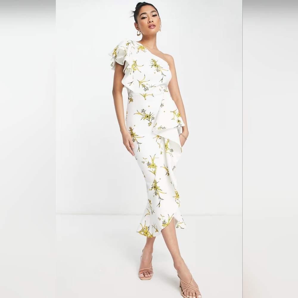 ASOS True Violet One Shoulder Midi Dress In Ochre Floral - Fits Size S